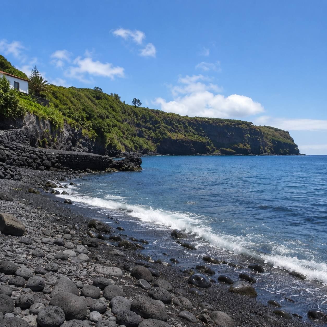 The black-sand beach at Fajã Grande, waves breaking on volcanic pebbles