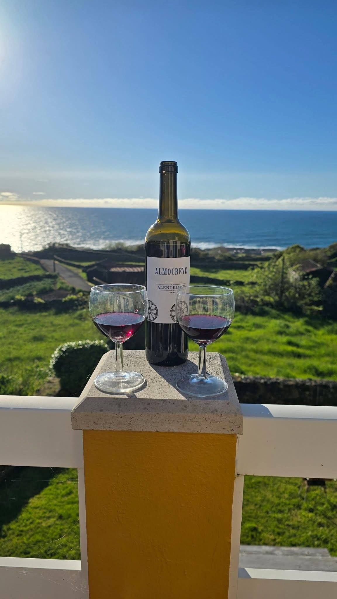 A bottle of Azorean red and two glasses on the balcony rail, ocean beyond